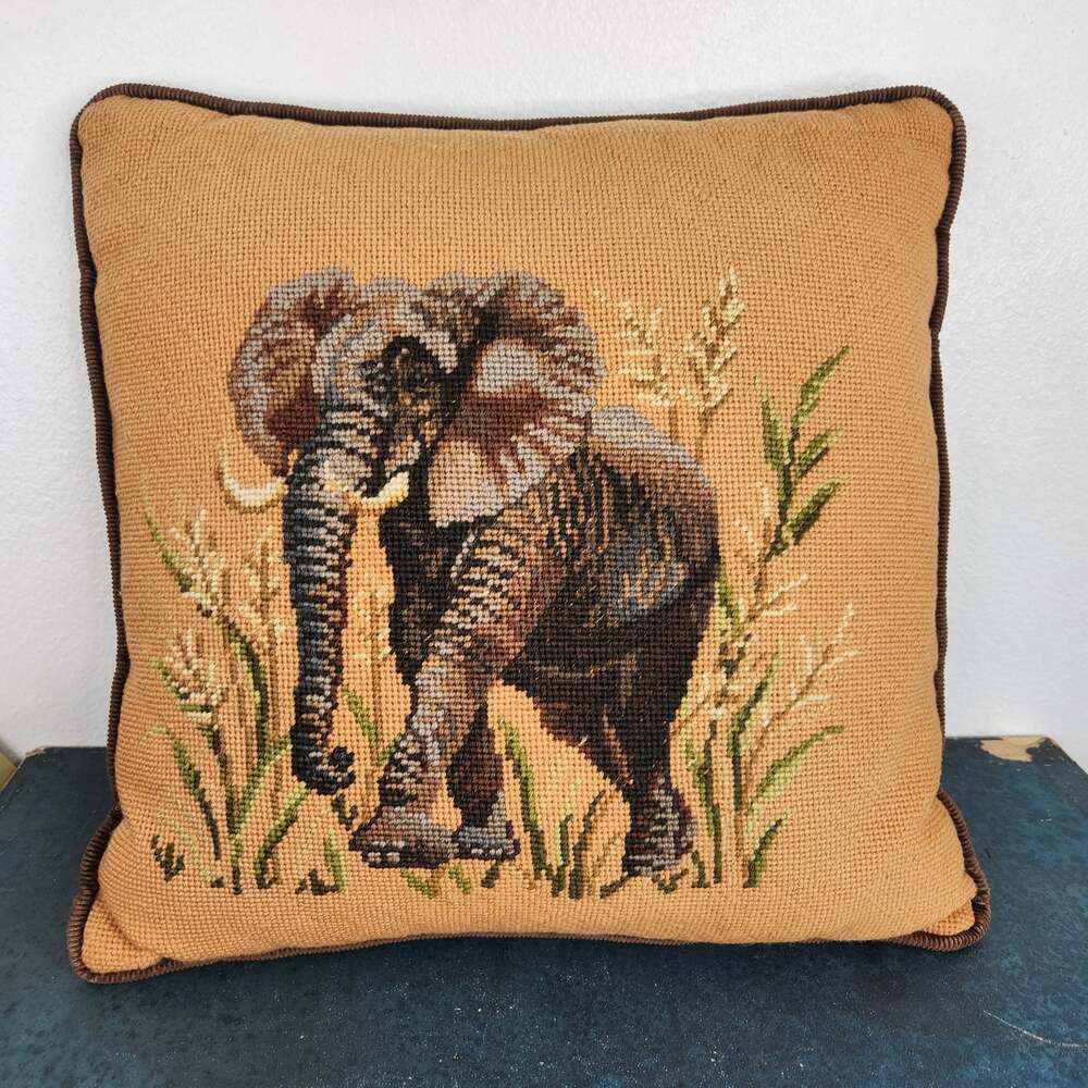 Vintage Brown Elephant Cross Stitch Decorative Cushion Pillow Safari Home Decor